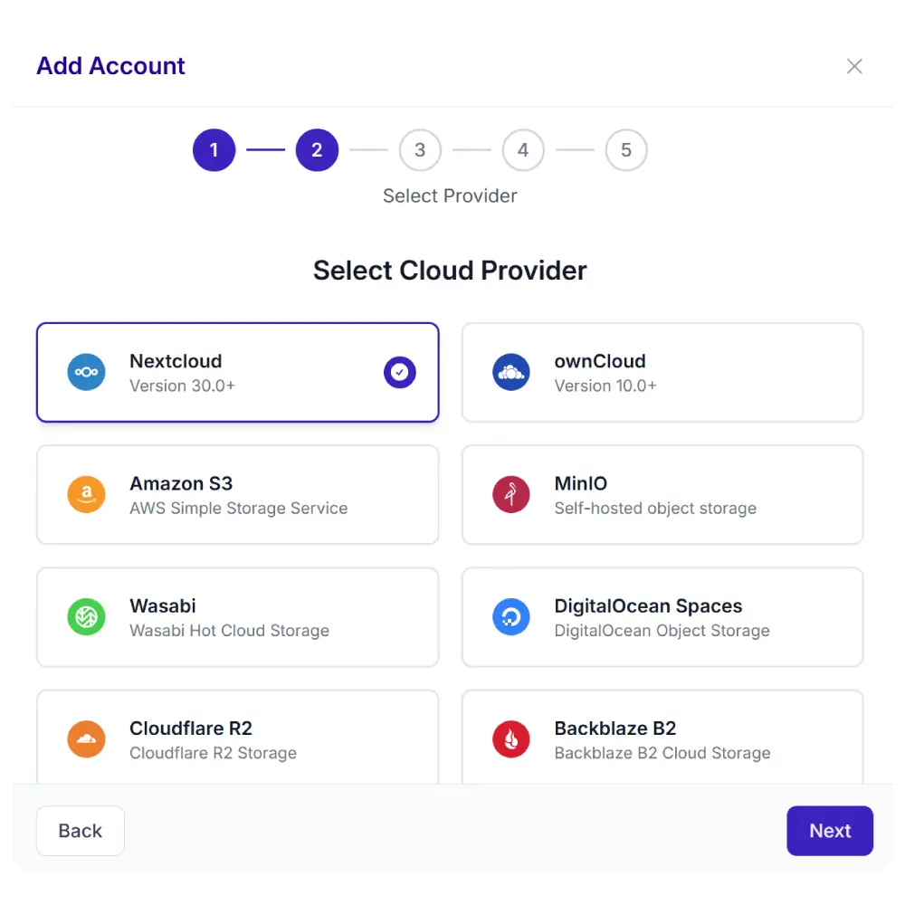 Adding a cloud storage account in Synkivo's WordPress admin panel