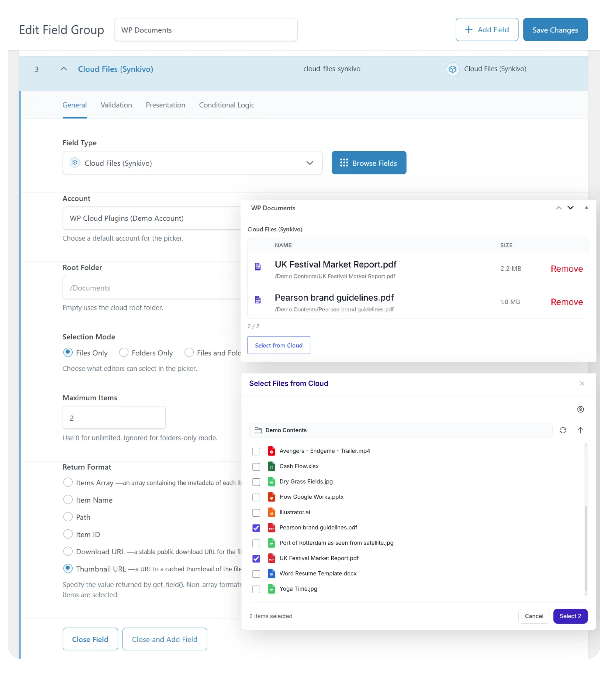 Advanced Custom Fields with Synkivo cloud file picker showing selected files.