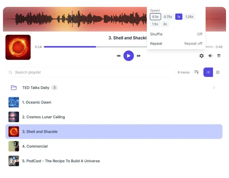 Synkivo audio player module with waveform visualization and playlist
