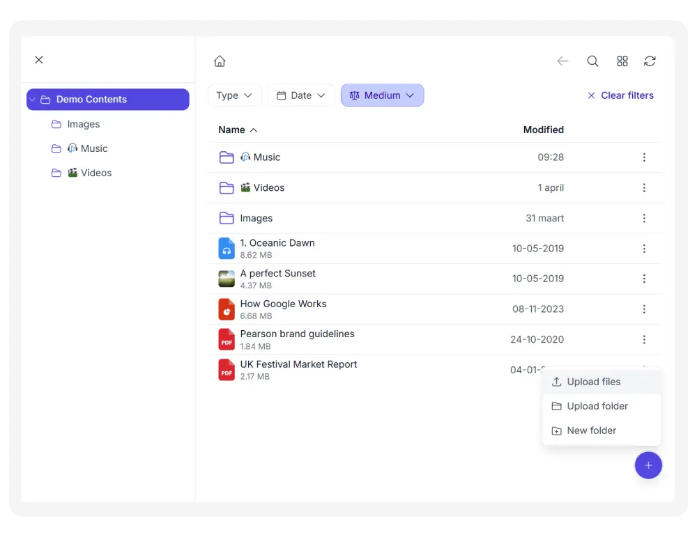 Synkivo file browser module in list view showing files and folders