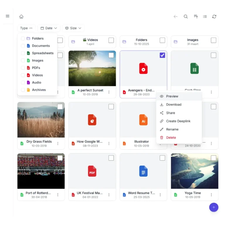Synkivo file browser module in light mode with folder navigation and grid view