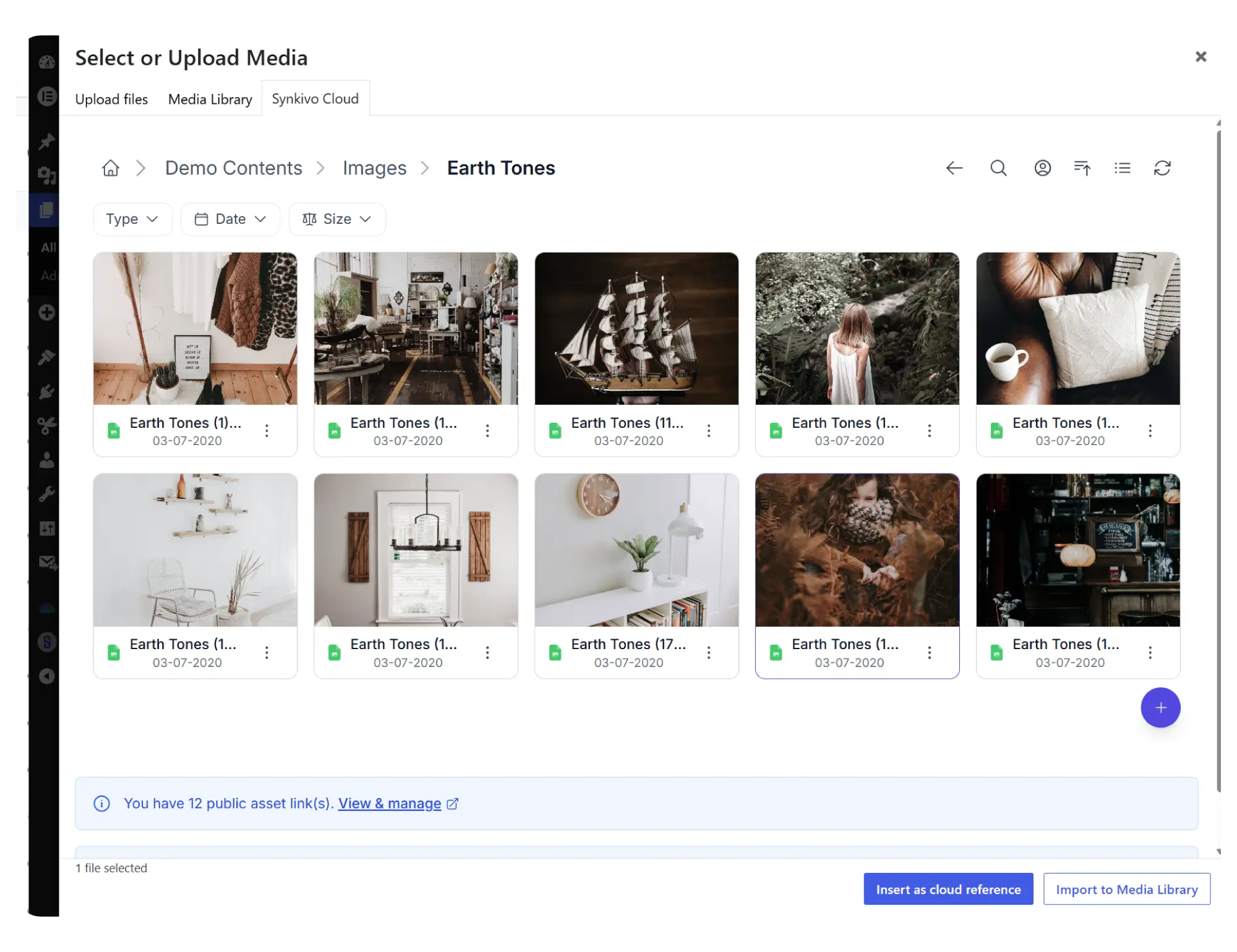 WordPress Media Library with Synkivo tab showing cloud file browser