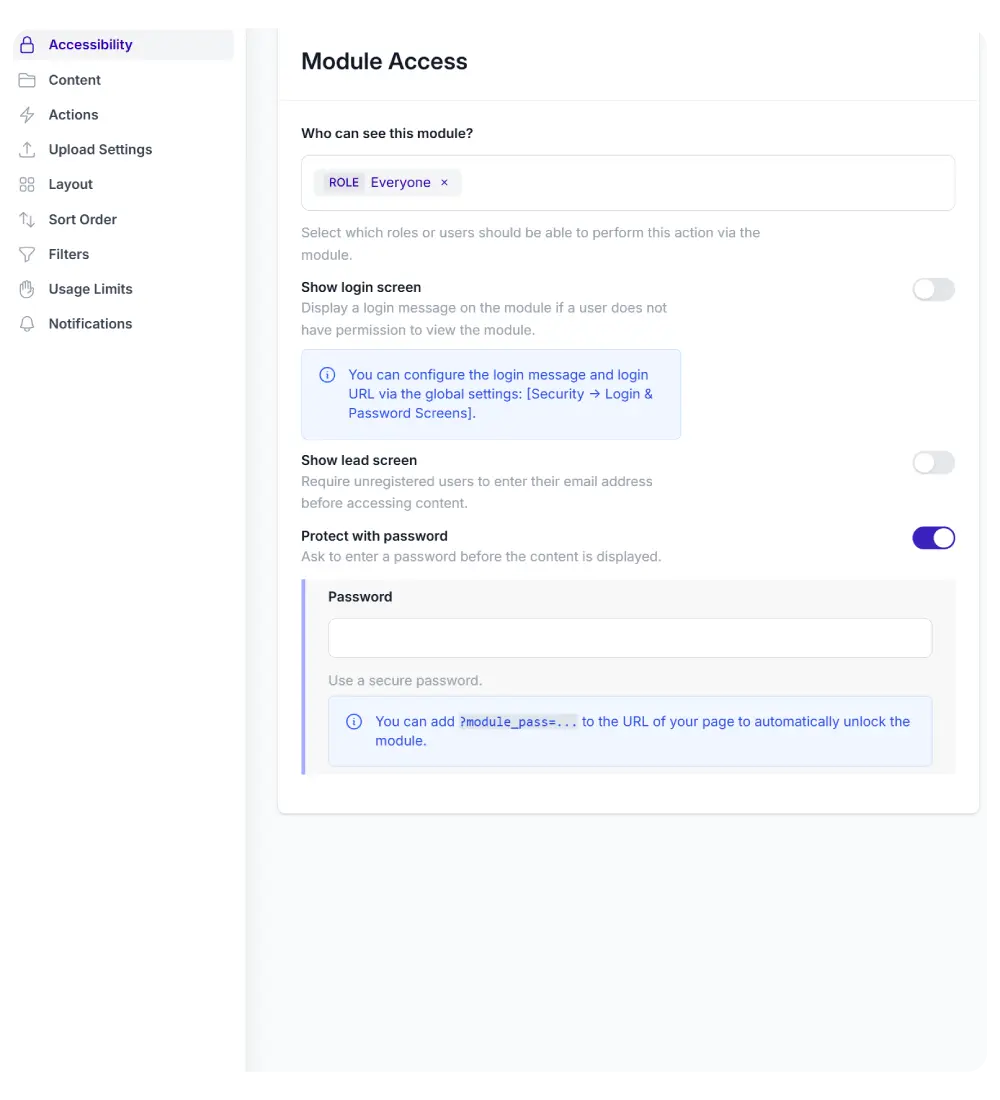 Configuring module access settings in Synkivo's visual module configurator