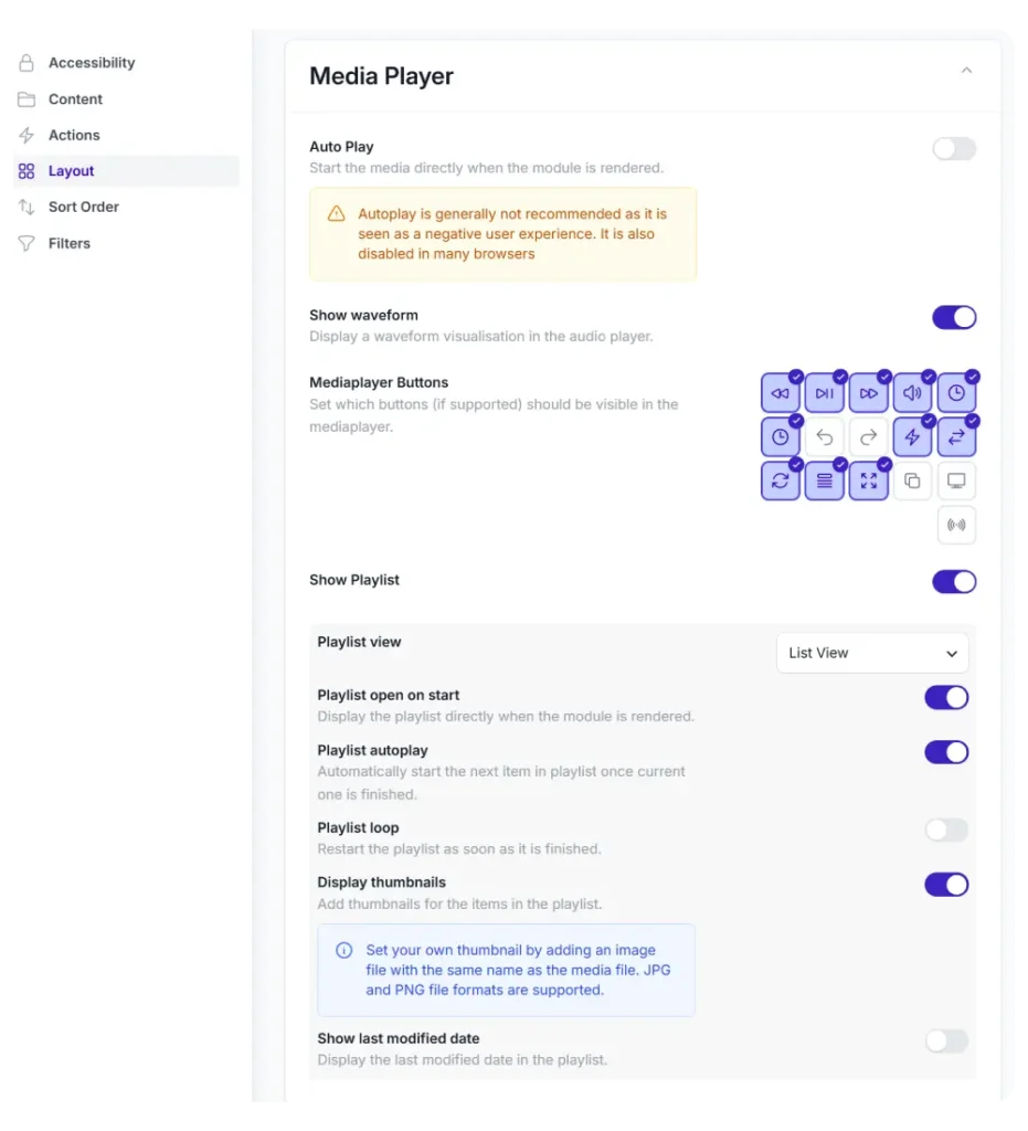 Module Configurator showing the Audio Player settings tab with control toggles and playlist options visible