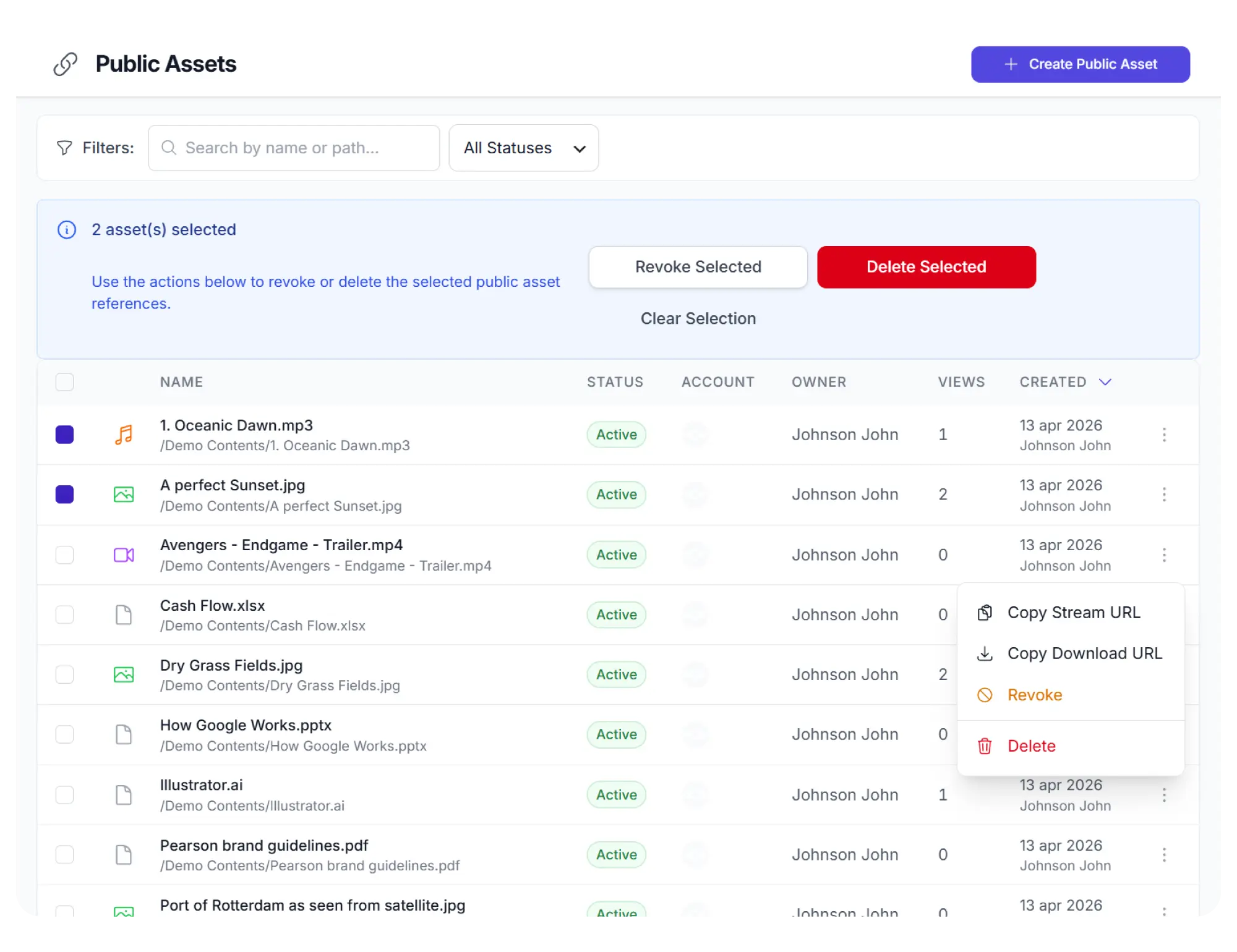 Synkivo Public Assets admin page showing managed cloud file links