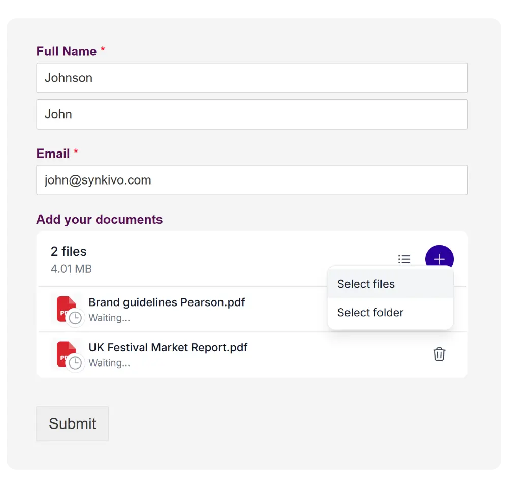 Synkivo Upload Box embedded as a field in a WordPress form plugin