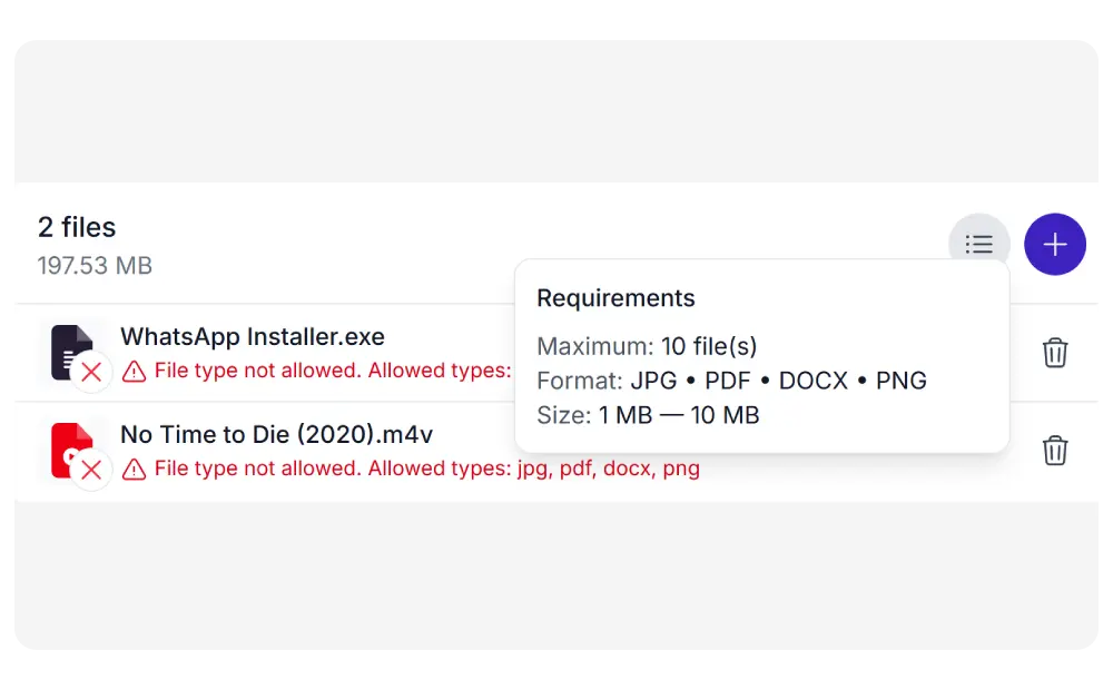 Synkivo Upload Box showing file type and size restrictions with validation error