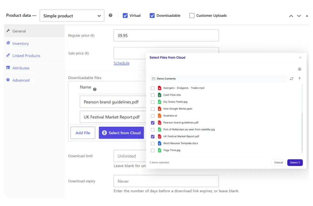 WooCommerce product settings with Synkivo cloud file picker for digital downloads