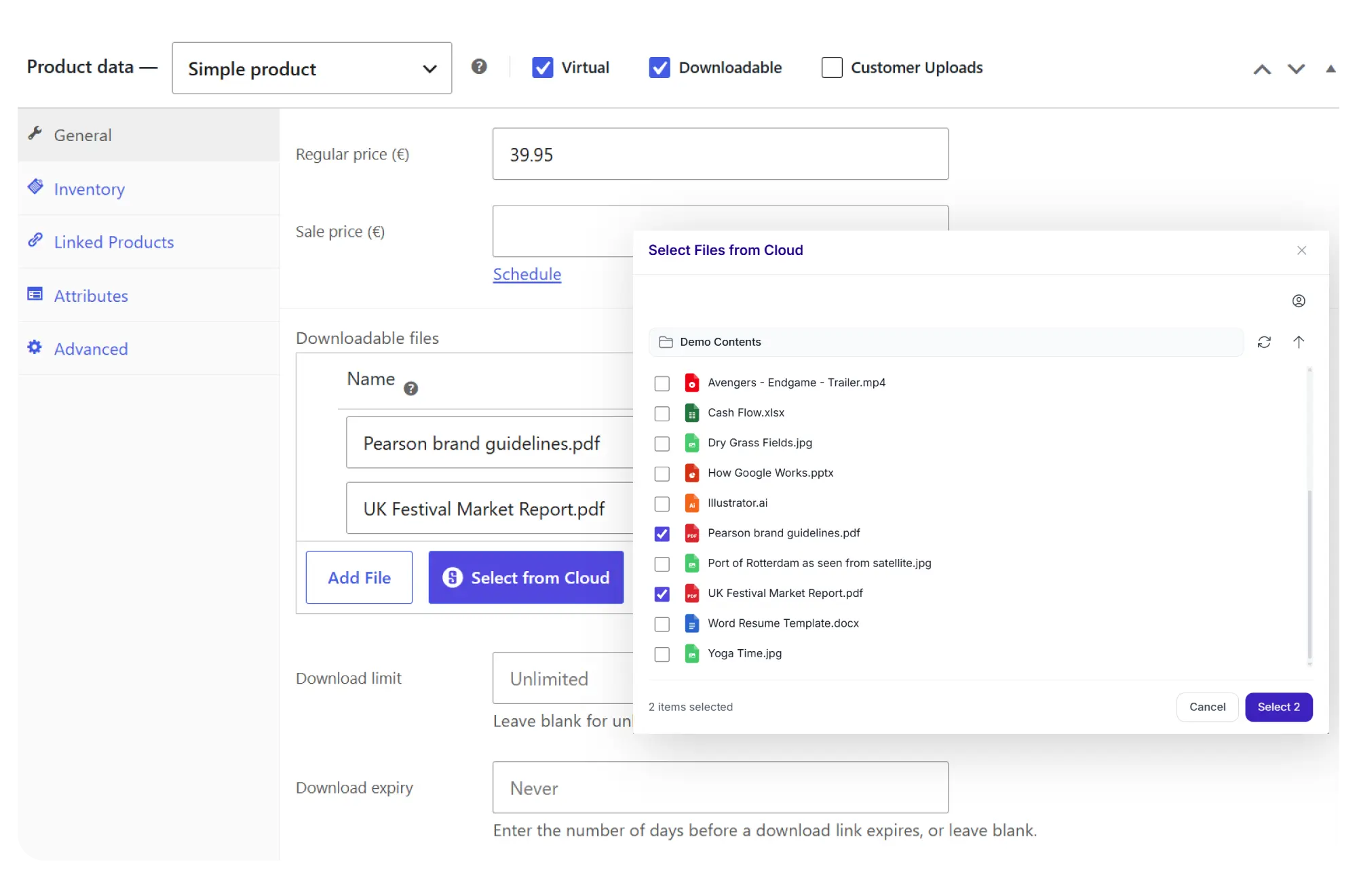 WooCommerce product settings with Synkivo cloud file picker for digital downloads