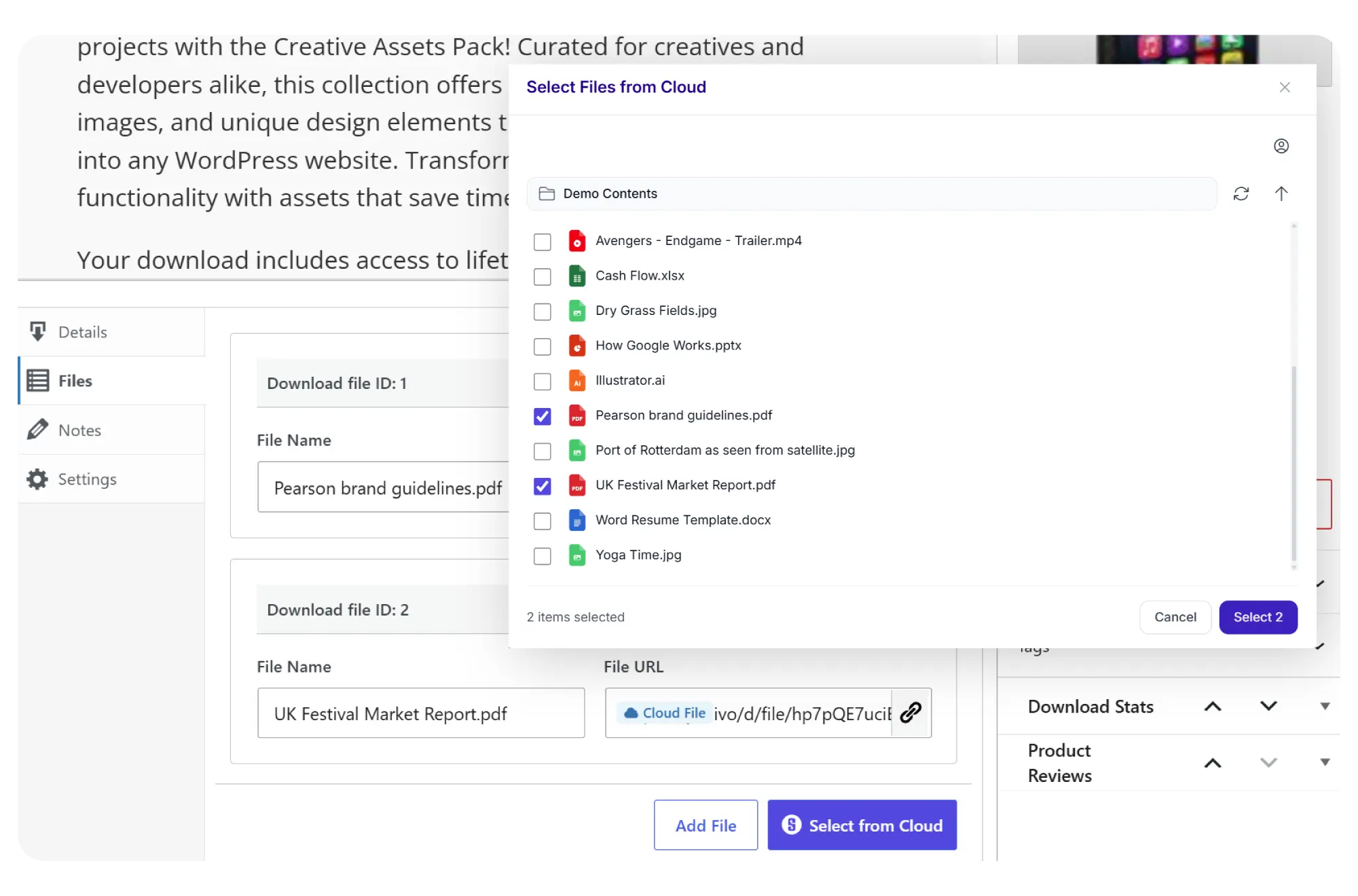 Easy Digital Downloads product editor with Synkivo cloud file picker