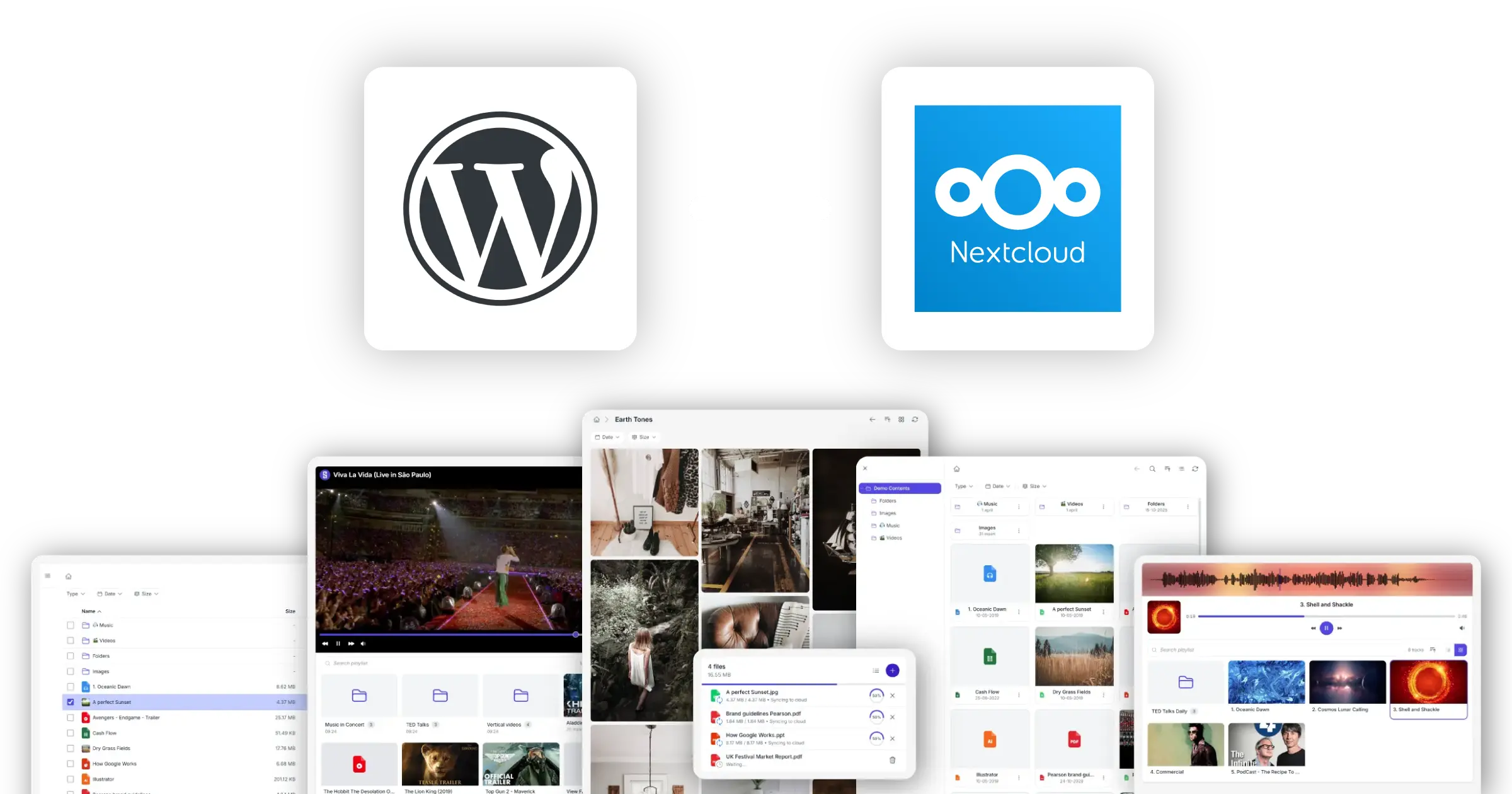 Synkivo WordPress Nextcloud plugin showing a file browser connected to a Nextcloud server
