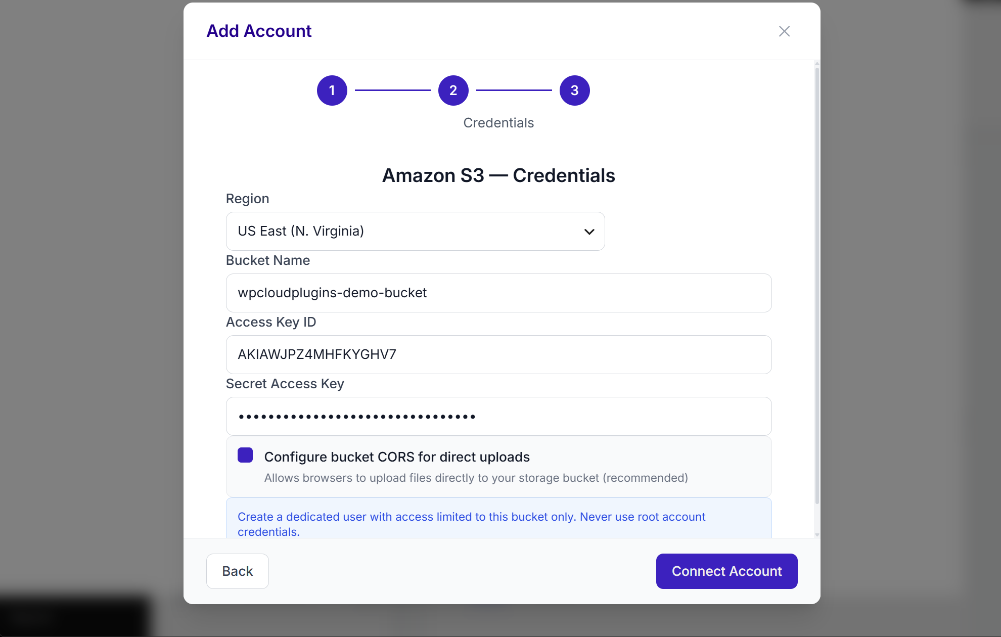 Adding a cloud storage account in Synkivo's WordPress admin panel